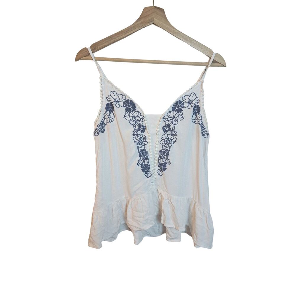 Love on a Hanger Blue & White Embroidered Boho Beachy Stappy Top Sz M